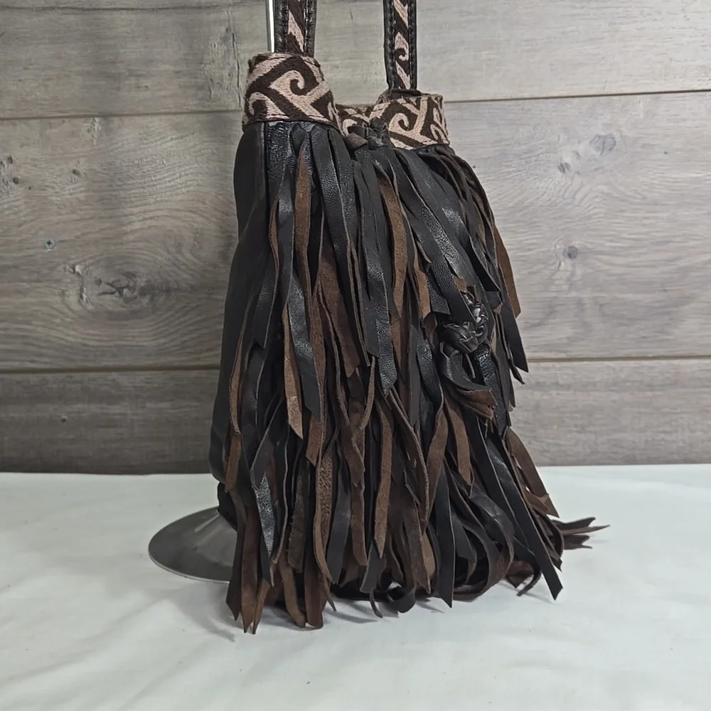 Lucky Brand Fringe Brown Leather Crossbody Shoulder Bag - Picture 4 of 13